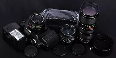 Konica FS-1 35mm Film SLR C/w 28/2.8 35/2.8 75-205/3.8 Lens & X-24 Auto Kit • $239.99