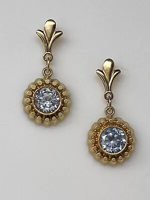 Vintage 14K  Yellow Gold Aquamarine Bezel Dangle Earrings 2.0 Grams Solid Gold • $269