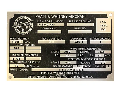 WW2 U.S.A.F. Pratt & Whitney Data Plate For The WASP R-1340 Radial Engine • $18.89