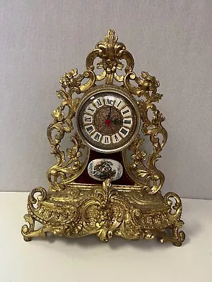 Vintage Italian Mod. Dep Gold Table Clock W/Porcelain Decoration 17  Tall • $299.99