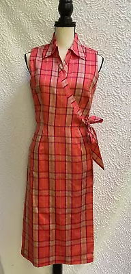 ICE Wrap Dress 6  100% Silk Vintage Plaid Orange Tan  Sleeveless • $23.90