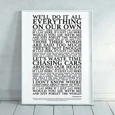 Chasing Cars Lyrics Song Print Poster (Unframed) Wall Art  Typography • £7.99