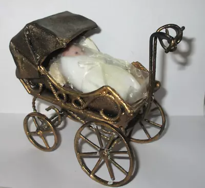 Victorian  Canvas Metal  Doll's Baby Carriage Toy Miniature W/ Baby (R18) • $14.99