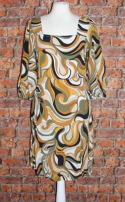 £7.99 • Buy F&F Milkmaid Dress Size 12 Balloon 3/4 Sleeve A-line 60s Psychedelic Print Multi