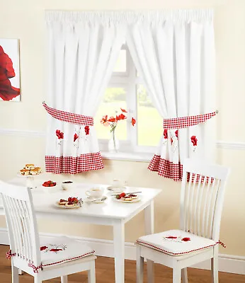 £22.99 • Buy Kitchen Window Curtains With Pelmet Gingham Red Poppies Ready Made Pencil Pleat