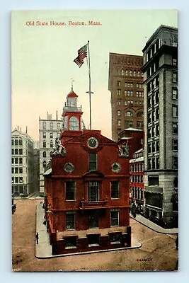 Old State House Boston Mass American Flag Pole Clock Lion Statues Postcard C2 • $6.03