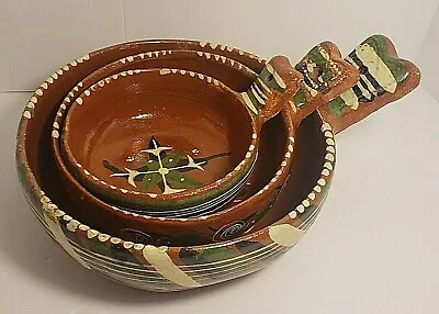 Vintage 3 PIece Set Mexican Pottery Nesting Bowls Hand Painted Terra Cotta • $50