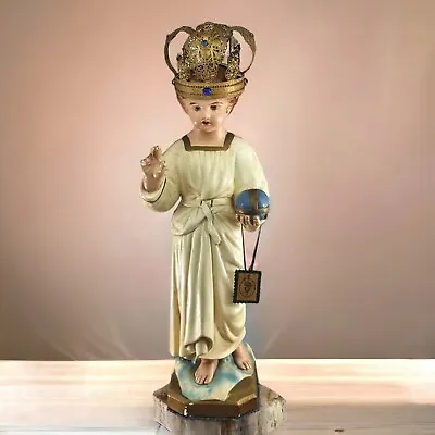 VTG Infant Of Prague Jesus Chalkware Statue 20 In Tall Gold Jeweled Crown READ • $150.40