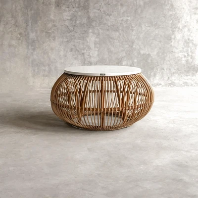 £209 • Buy Hibiscus Coffee Table Round Natural Rattan Bulbous Shape White Teak Top 80cm