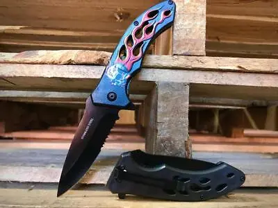 8  Skull Flame EDC Spring Assisted Folding Pocket Knife Hunting Survival • $12.99