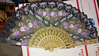 Vintage Fabric & Lace Handheld Folded Fan With Handpainted Floral Design • $18