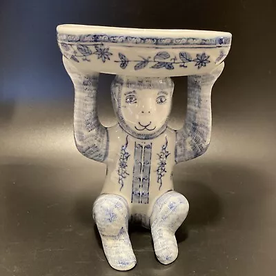 Vintage Chinoiserie Blue & White Ceramic Monkey Holding Dish Bowl • $210