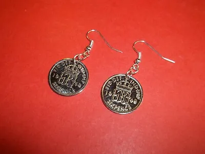 SIXPENCE COIN DROP SILVER EARRINGS - 1947 To 1967 • £7.75