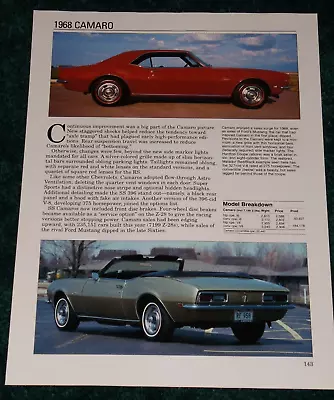 ★★1968 Chevy Camaro Spec Sheet Info Photo 67 Rs Ss 396 327 Z/28 Z28 Convertible★ • $8.99