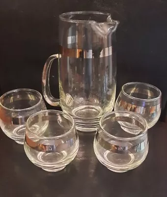 Vtg Modern Martini Pitcher Cocktail 4 Glasses Set Silver Band Libby Mcm • $25.95