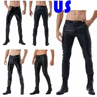 Men's Skinny Pants Gothic Punk Faux Leather Motor Club Rock Tight Long Trousers • $12.21