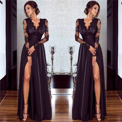 Women Evening Party Cocktail Ball Prom Wedding Long Maxi Dress Deep V-Neck Lace • £38.33