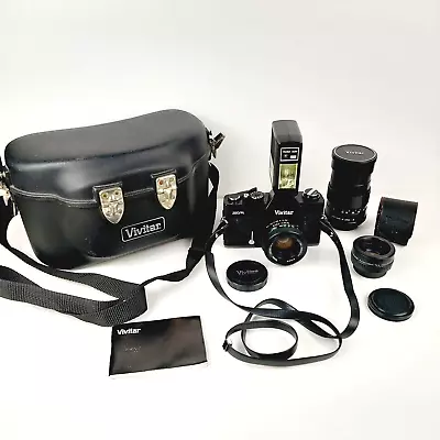 Vtg Vivitar 220 SL 35mm Camera Bundle W/ 2 Lenses Flash Converter & Hard Case • $44.95