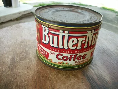 VINTAGE BUTTER-NUT COFFEE TIN   1 Pound Regular Grind W/ Original Metal Lid • $9.55