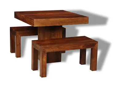 Solid Mango Wood Dakota 90cm Cube Dining Table & 2 Small Benches New Furniture  • £579.95