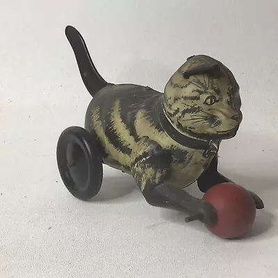 Vintage 1930's Marx Tin Litho Friction Black Tabby Cat With Ball • $39.99