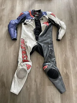 Dainese Full Leather Motorcycle Suit Vintage One Piece Protective Biker 56 Italy • $449.99