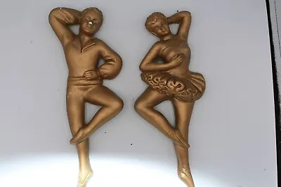 Mid-Century Modern Chalk Ware Ballet Dancers Set Gold 11.5  Tall • $34.99