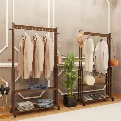 Bamboo Clothes Rail Garment Dress Hanging Hook Display Stand Shoe Rack On Wheels • £54.95