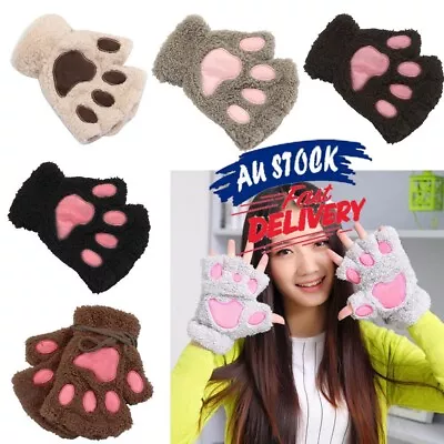 Cat Claw Bear Paw Gloves Women Warm Plush Faux Fur Cosplay Fingerless Mittens • $10.98