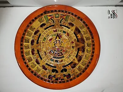 Vintage Aztec Mayan Calendar In Hand- Cut Wood Mosaic Rare 18  Diameter  • $65