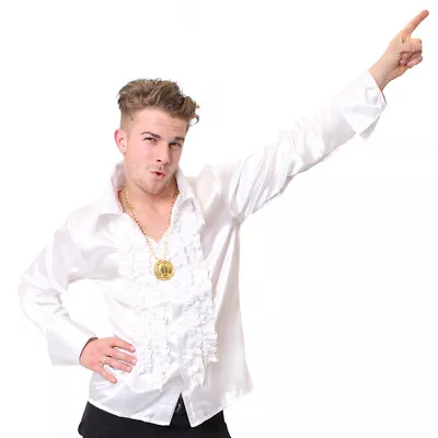 Mens White Disco Ruffle Shirt Adult Fancy Dress Costume 60s 1970s S M L Xl Xxl • £13.99