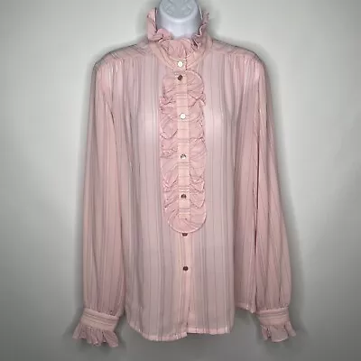 Vintage 80s Teddi Ruffled High Neck Pink Pinstripe Secretary Blouse Size L • $26.60