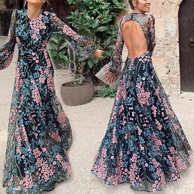 £26.27 • Buy Womens Floral Backless Maxi Swing Dress Long Sleeve Prom Evening Party Ball Gown