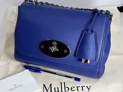 Mulberry Cobalt BLUE Leather Small LILY CHAIN BAG 8”x6”x3” Nappa Lamb In Silver • $450