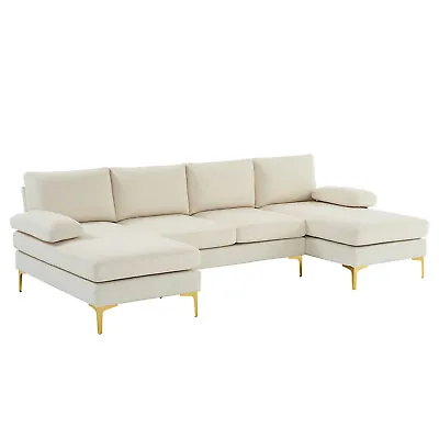 Beige U-Shaped Modular Sofa 4 Linen  Wooden Frame Golden Feet Indoor • $580.42