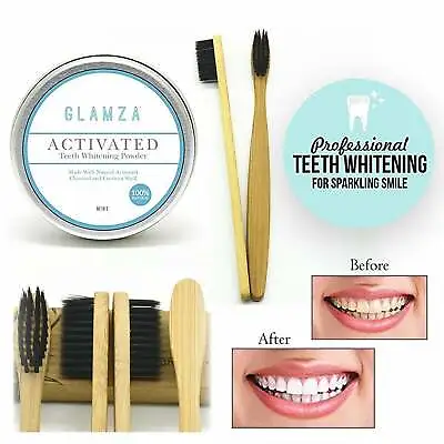 CHARCOAL TEETH WHITENING & BAMBOO TOOTHBRUSH Dental Care Powder Paste Safe • £7.34