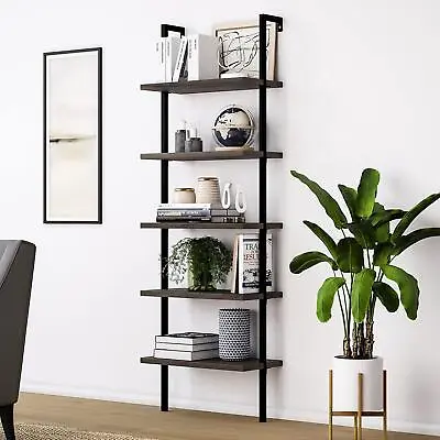 5 Tier Shelf Wood Ladder Bookcase W/ Metal Frame Industrial Modern Bookshelf • $46.99