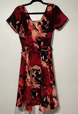 Eva Mendes Red Floral Fit And Flare Dress Womens 6 Short Sleeve  Belted Back Zip • $18.87