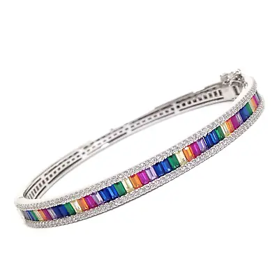 Unsigned 925 Sterling Silver Multicolor Rainbow CZ Gemstone Hinged Bracelet 6-¾  • $32.99