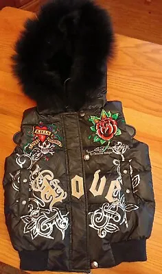 VTG Ed Hardy Puffer Jacket Vest Ladies SZ S Black Raccoon Fur Hood Embroidered  • $199.99