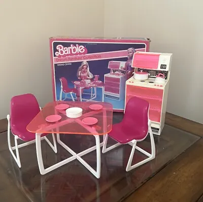 Vintage 1977 Barbie Dream House Pink Dining Table Chairs Pots Dishes And Hutch • $40