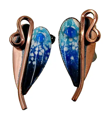 Vintage Mid Century Renoir Matisse Copper & Blue Enamel Leaf Clip-on Earrings • $24.99