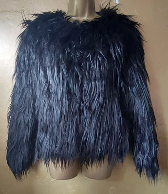 £35 • Buy Black S.12 Shaggy Faux Fur Jacket, Collarless, Pockets, Lined, Hook&eye Front.