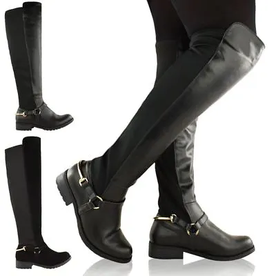 £22.99 • Buy Womens Ladies Over The Knee Thigh High Stretch Pull On Low Flat Heel Boots Shoes