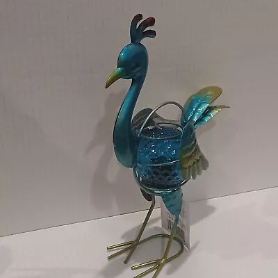 Blue Peacock 9.5in Outdoor Metal Garden Bird Statue W/Solar LED Light_ Yard Art • $14.24