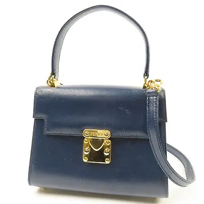 FENDI FF Logo 2Way Shoulder Hand Bag Leather Navy Blue Vintage Italy 79344 • $238