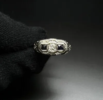 Art Deco 1920's 18K WG 20 Point Old Miner Diamond & Princess Cut Sapphires Ring • $900
