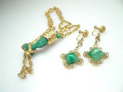 Vintage Faux Jade Nefertiti Necklace & Peking Glass Dangle Earrings Lot • $75