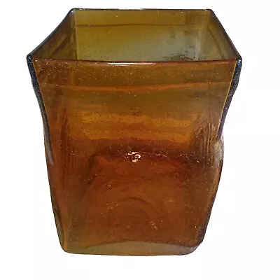 Vintage Square Amber Glass Vase    Art Glass  Small Bubbles  Heavy 6 Lbs 8 TX5 W • $14