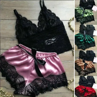$14.09 • Buy Womens Satin Lace Lingerie Sleepwear Babydoll Pajamas Set Underwear Nightwear AU